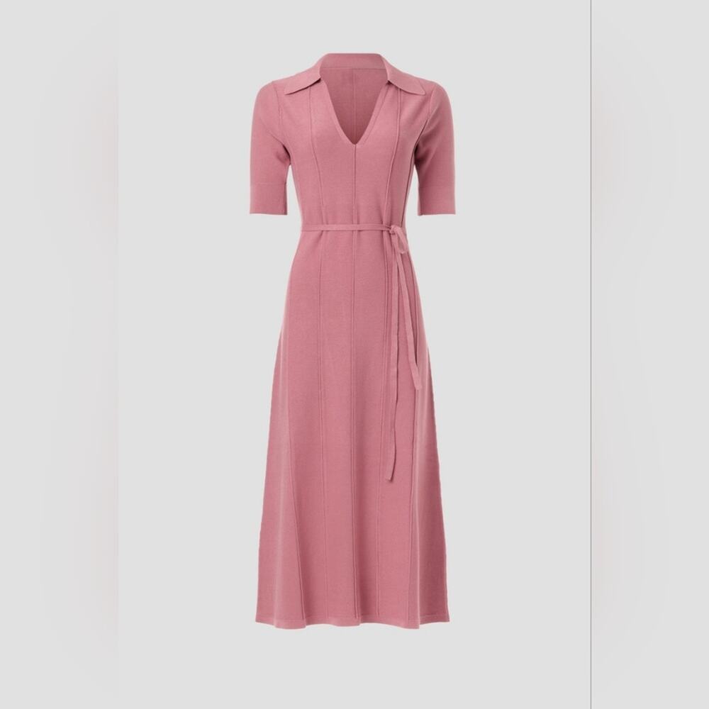 RTR sz Xs Adam Lippes Collective Knit Collar Dress sweater belted dusty pink - Picture 2 of 9